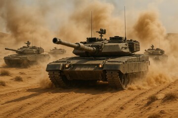 Military operation scene with armored vehicles advancing through challenging desert battlefield terrain