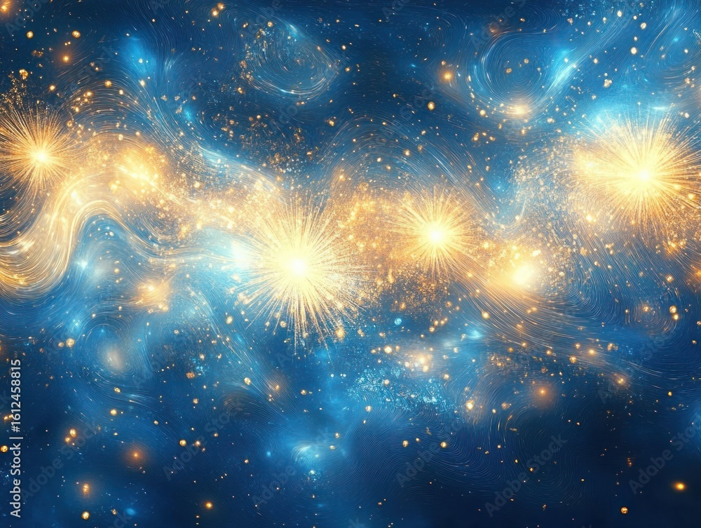 Poster bright golden fireworks exploding in a swirling deep blue cosmic background, creating a feeling of c