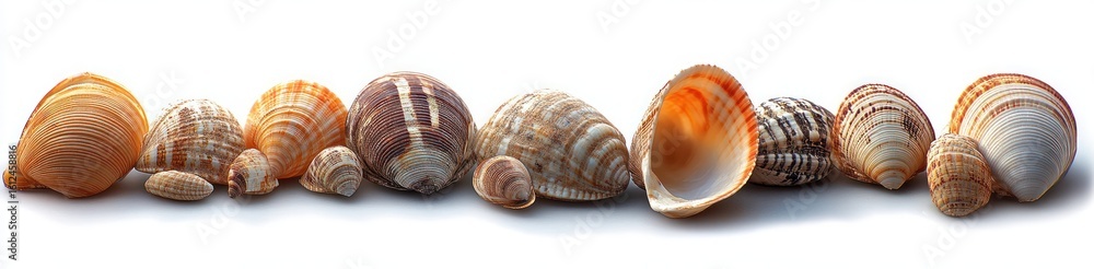 Poster a row of various colorful sea shells arranged in a line on a white surface showcasing natural patter