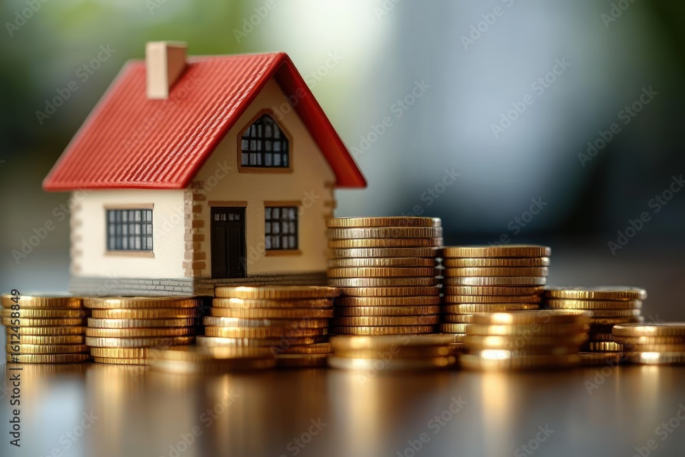 Poster small model house with a red roof surrounded by multiple stacks of golden coins symbolizing real est
