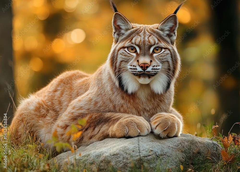 Poster a large wild cat resting on a rock surrounded by autumn foliage with soft golden sunlight filtering 