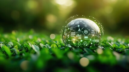 Transparent sphere resting on lush green leaves with futuristic digital interface graphics glowing inside, symbolizing technology and nature harmony in soft natural light