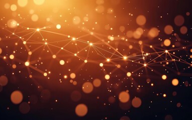 Obraz premium Abstract glowing network with interconnected points and lines over a warm golden bokeh background creating a futuristic and dynamic atmosphere