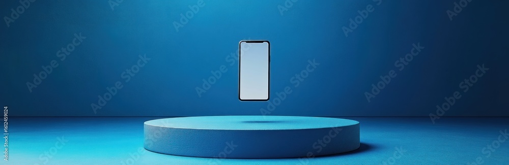 Poster a modern smartphone floating above a circular platform in a minimalist blue room with smooth gradien