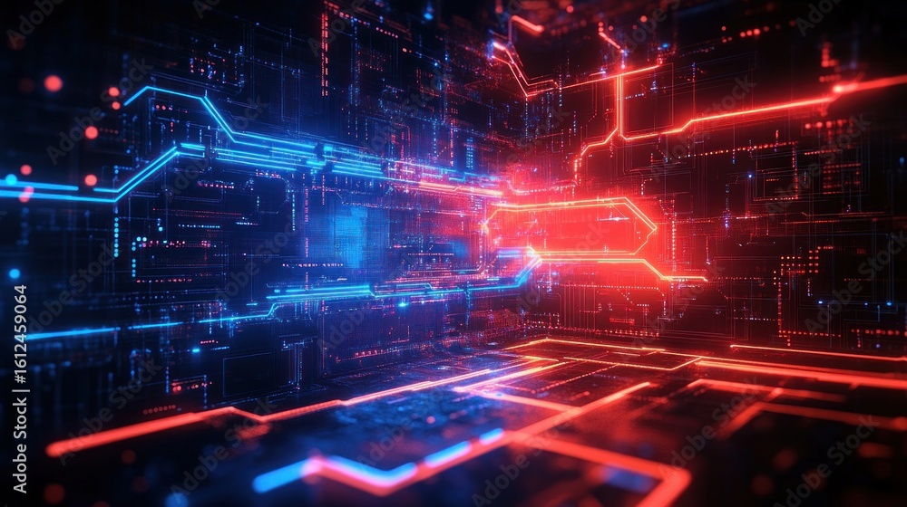 Poster futuristic digital circuit board illuminated with glowing neon blue and red light trails creating a 