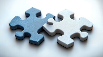 Obraz premium Close-up of two interconnected puzzle pieces, one blue and one white, symbolizing connection and fitting together against a blurred background
