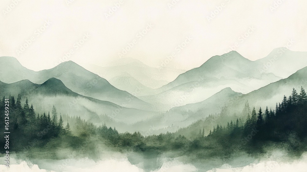 Poster mist-covered evergreen forest with layered distant mountain ranges in soft muted green and gray tone
