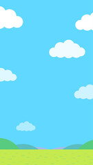 青空とたくさんの雲と草原の縦長のシンプルなイラスト
