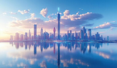 Fototapeta premium Futuristic city skyline with tall, sleek skyscrapers reflecting in calm water under a partly cloudy sky at sunset, evoking a serene and advanced urban atmosphere