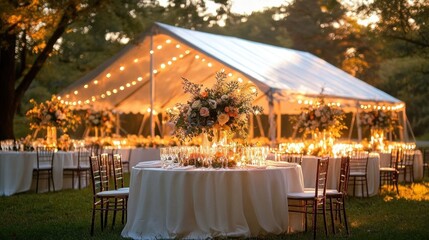 Outdoor evening event setup with round tables covered in white cloths, floral centerpieces, wooden chairs, and a large lit tent in a natural park setting