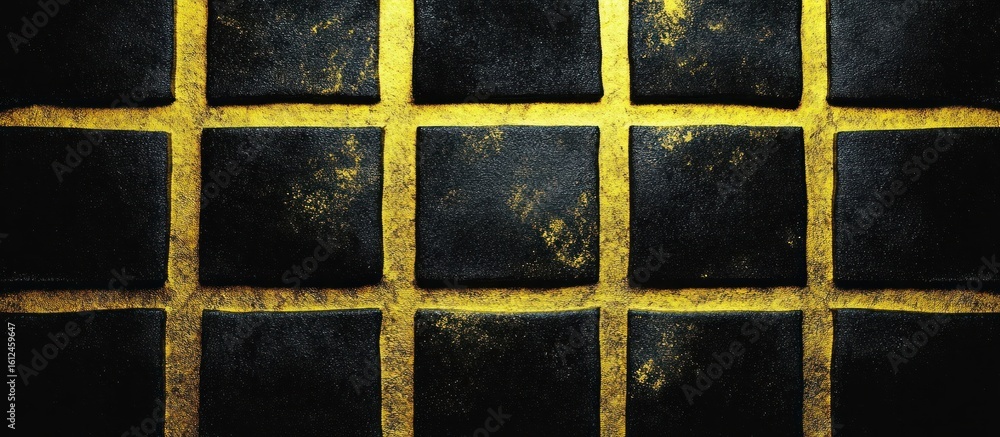 Poster close-up of black square tiles with golden powder sprinkled around the edges creating a grid pattern