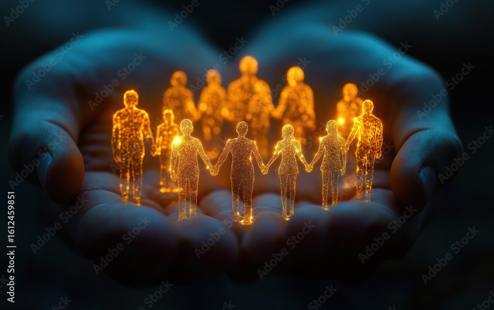 Poster glowing holographic figures holding hands forming a circle above cupped hands in dark background sym
