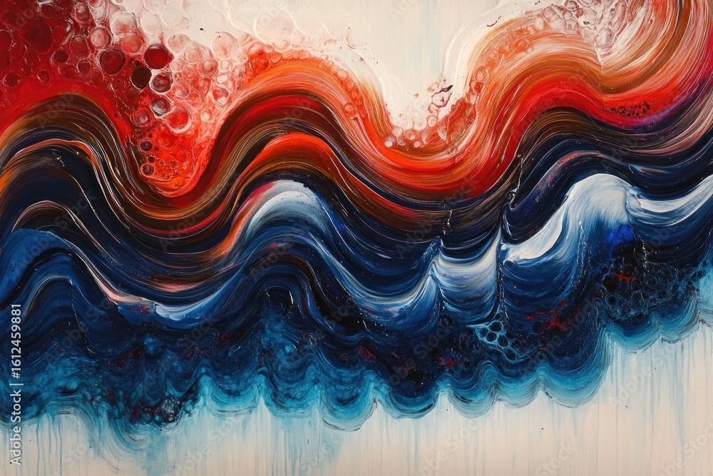 Poster abstract fluid painting with flowing waves of red, orange, and blue blending together with textured 