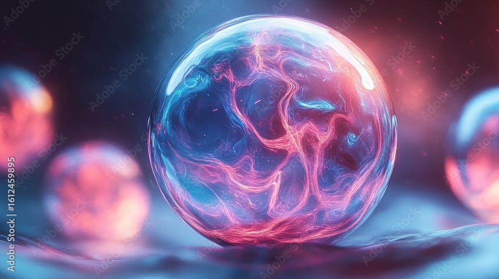 Poster glowing translucent spheres with swirling blue and pink light patterns creating a mystical and futur