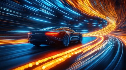 Sleek black sports car speeding through a futuristic tunnel with dynamic blue and orange light trails creating a sense of high speed and motion