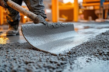 Construction worker smoothing freshly poured wet concrete with a large trowel, close-up of hands and tool, industrial indoor setting with warm lighting