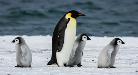 Fototapeta premium Emperor penguin and chicks on snow