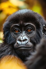 Obraz premium close-up portrait of a young gorilla with expressive amber eyes showing detailed facial features and fur