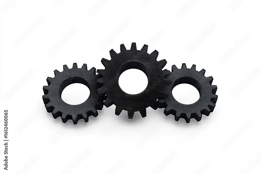 Poster three black interlocking gears on a white background symbolizing mechanical connection and teamwork