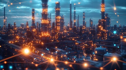 Fototapeta premium Vast industrial refinery complex at dusk with numerous illuminated towers, pipes, and glowing orange lights creating a futuristic and intense atmosphere