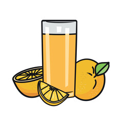 glass of orange juice with oranges on the side
