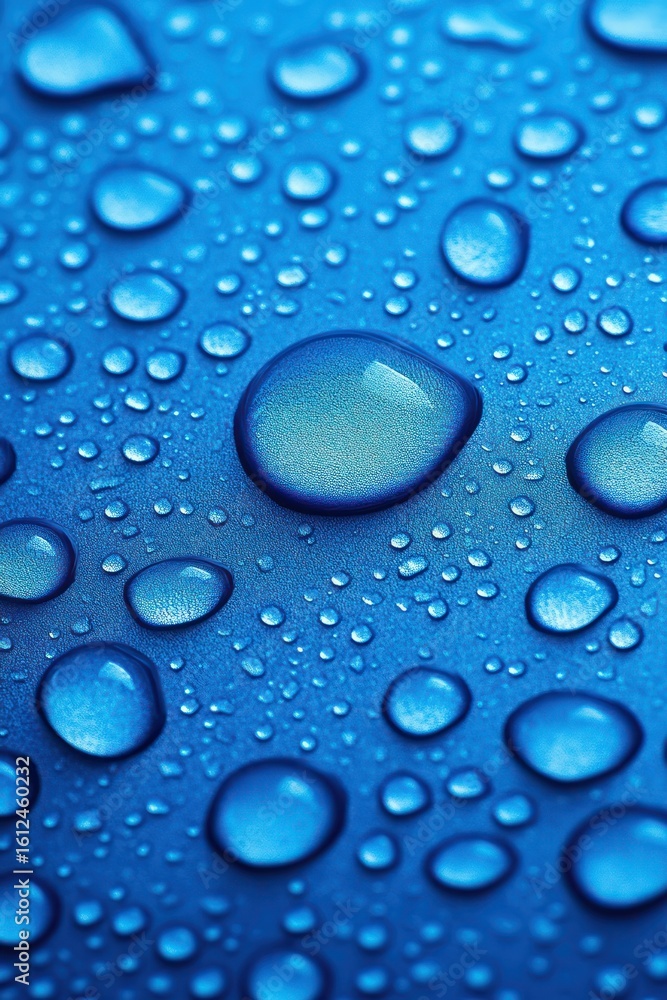 Poster close-up of clear water droplets of various sizes on a smooth blue surface showing reflections and t