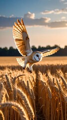 Barn owl in flight over golden wheat field