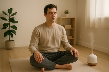 Serene meditation session featuring progressive muscle relaxation therapy in peaceful wellness center environment