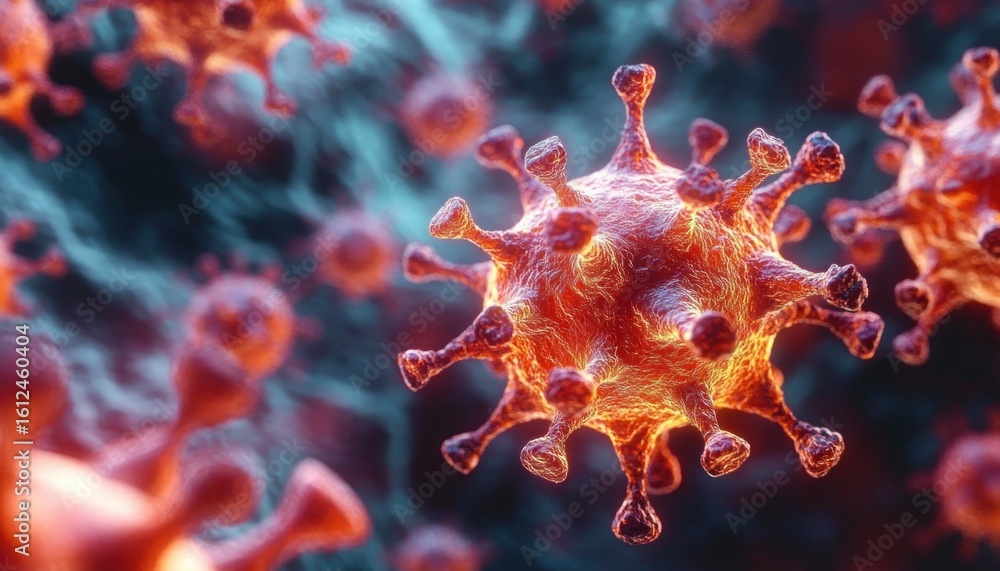 Aufkleber close-up microscopic view of spherical virus particles with spike-like surface projections glowing i