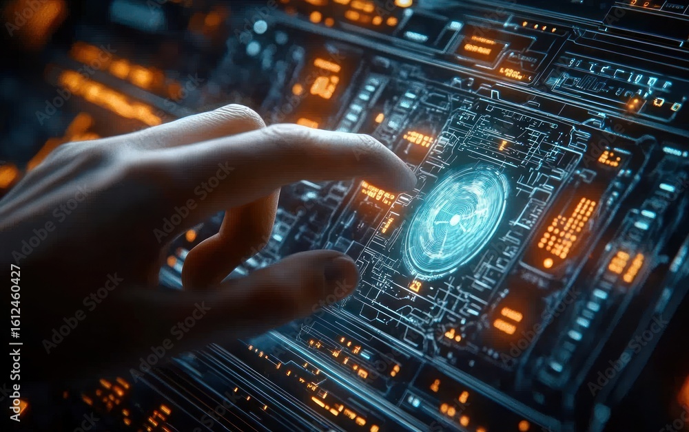Poster close-up of a human hand interacting with a futuristic touchscreen interface displaying holographic 