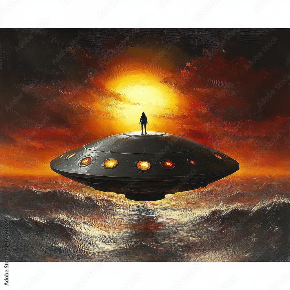Poster a lone figure stands atop a glowing circular spaceship hovering over turbulent ocean waves under a d