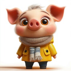 cute smiling animated piglet wearing a yellow raincoat and a beige striped scarf standing on white background