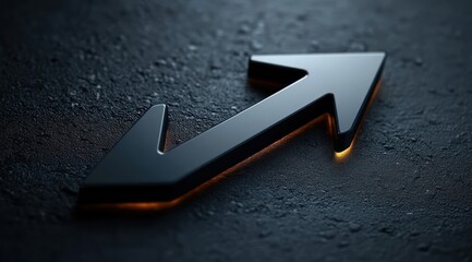 Glossy black three-dimensional zigzag arrow pointing upward on a textured dark surface with subtle warm glowing edges