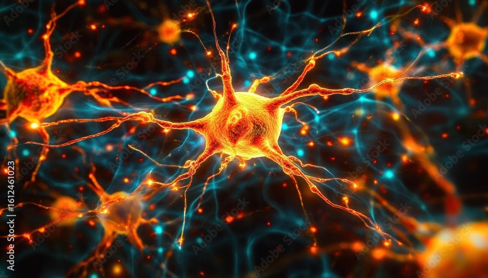 Poster bright orange glowing neurons with extended dendrites and axons interconnected, set against a dark b