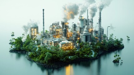 Naklejka premium Large industrial factory complex surrounded by dense green trees on a small island with smoke and steam rising from multiple chimneys, lighting glowing in dusk fog