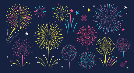 Festive fireworks drawings collection: Colorful hand-drawn firework illustrations perfect for birthday cards, carnival invitations, and celebratory greetings. Ideal for adding a touch of fun and