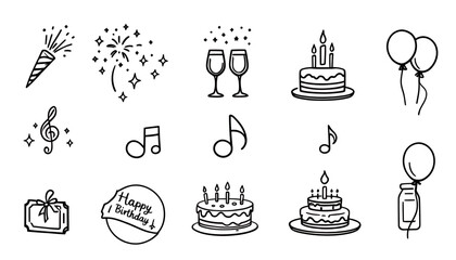 Hand-drawn doodles celebrate a happy birthday with festive elements like cakes, balloons, music notes, and confetti for greetings.