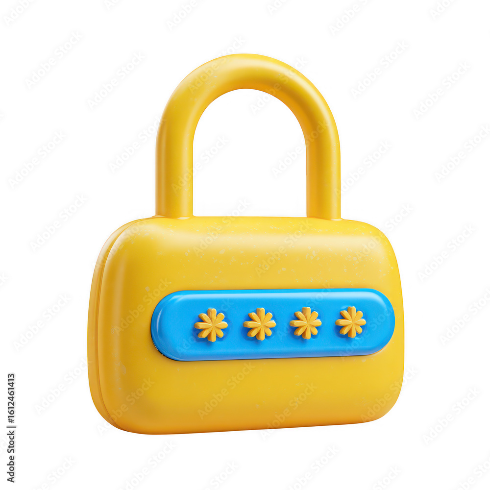Poster cheerful yellow padlock with blue password isolated on a transparent background security