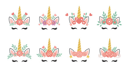 Obraz premium Eight adorable unicorn face illustrations with floral crowns, perfect for birthday greetings, cards, and party invitations, featuring pastel flowers and gold horns, ideal for adding a touch of magic