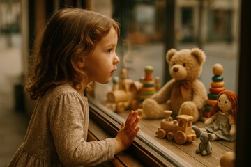 Young child window shopping with wonder and excitement while viewing colorful toy display in retail store