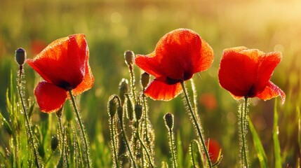 Obraz premium Vibrant red poppies glowing under the golden light of a sunset. 