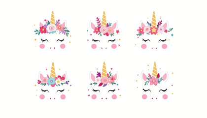 Whimsical unicorn faces adorned with colorful flowers and confetti, perfect for festive birthday greetings and celebrations.