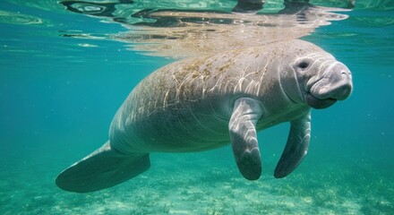 Gentle sea cow swimming underwater