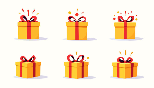 A collection of six vibrantly illustrated gift boxes, each adorned with a red ribbon and bow, radiating celebratory energy, perfect for conveying birthday wishes and festive greetings on a white