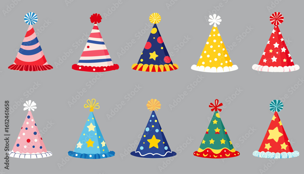Poster festive vector illustration featuring a colorful collection of party hats with various patterns, per