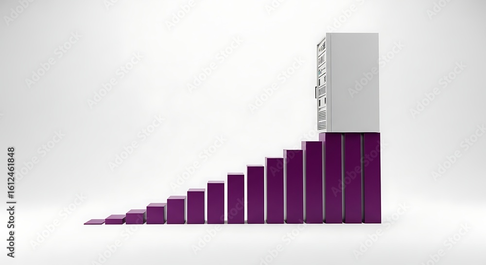 Poster rising data: a server ascending a growing bar graph represents data growth