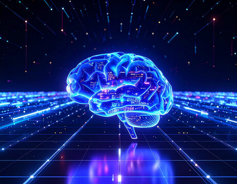 A mesmerizing 3D rendering of a translucent, glowing blue-purple human brain set on a futuristic data grid with sparkling light particles. Represents AI, technology, and neuroscience.