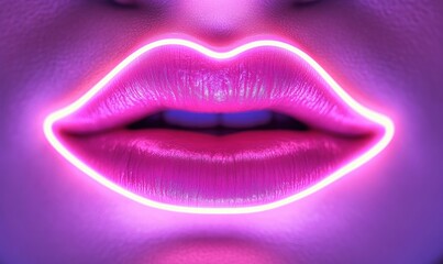 Close-up of glossy lips illuminated by vibrant neon pink light outlining the lip shape, creating a futuristic and glowing effect with a soft purple background