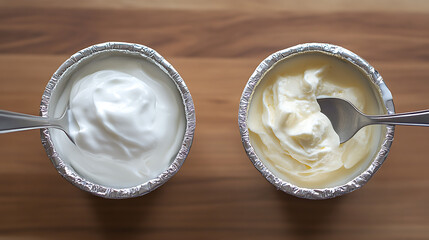 Two small plastic containers of cream sit side by side on a table. The white container is filled with cream, while the black container is empty. Concept of contrast and simplicity