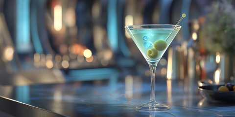 Neon martini with glowing olive skewer, futuristic luxury bar setting